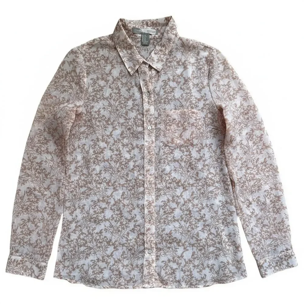 FOREVER 21 Pink Floral Semi Sheer Long Sleeve Top, XS